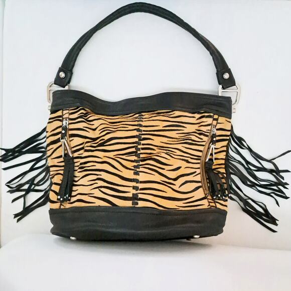 B MAKOWSKI Calf Hair Tan Black Zebra Fringe Leather Hobo Shoulder Bag EUC - Picture 3 of 10